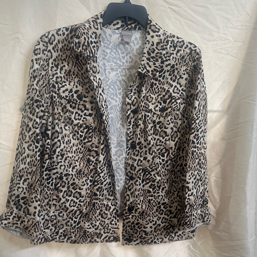 Chico's Black and Tan Leopard Print Jean Jacket